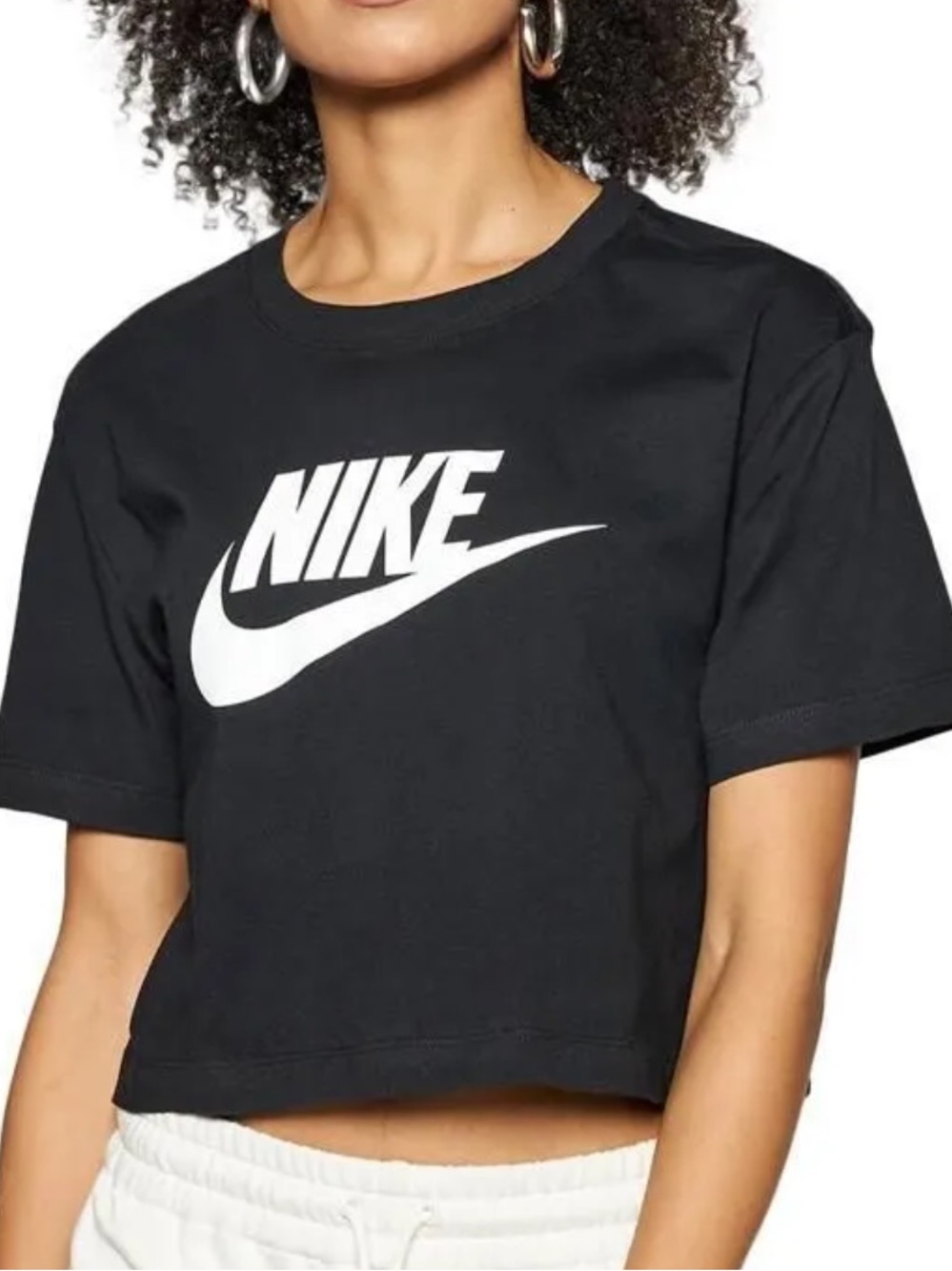 Nike Icon Essential Black Cropped Tee White Logo Swoosh Loose Fit